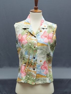 Vintage Two Palms Women's Shirt Size Medium Hawaiian Print Sleeveless Blouse